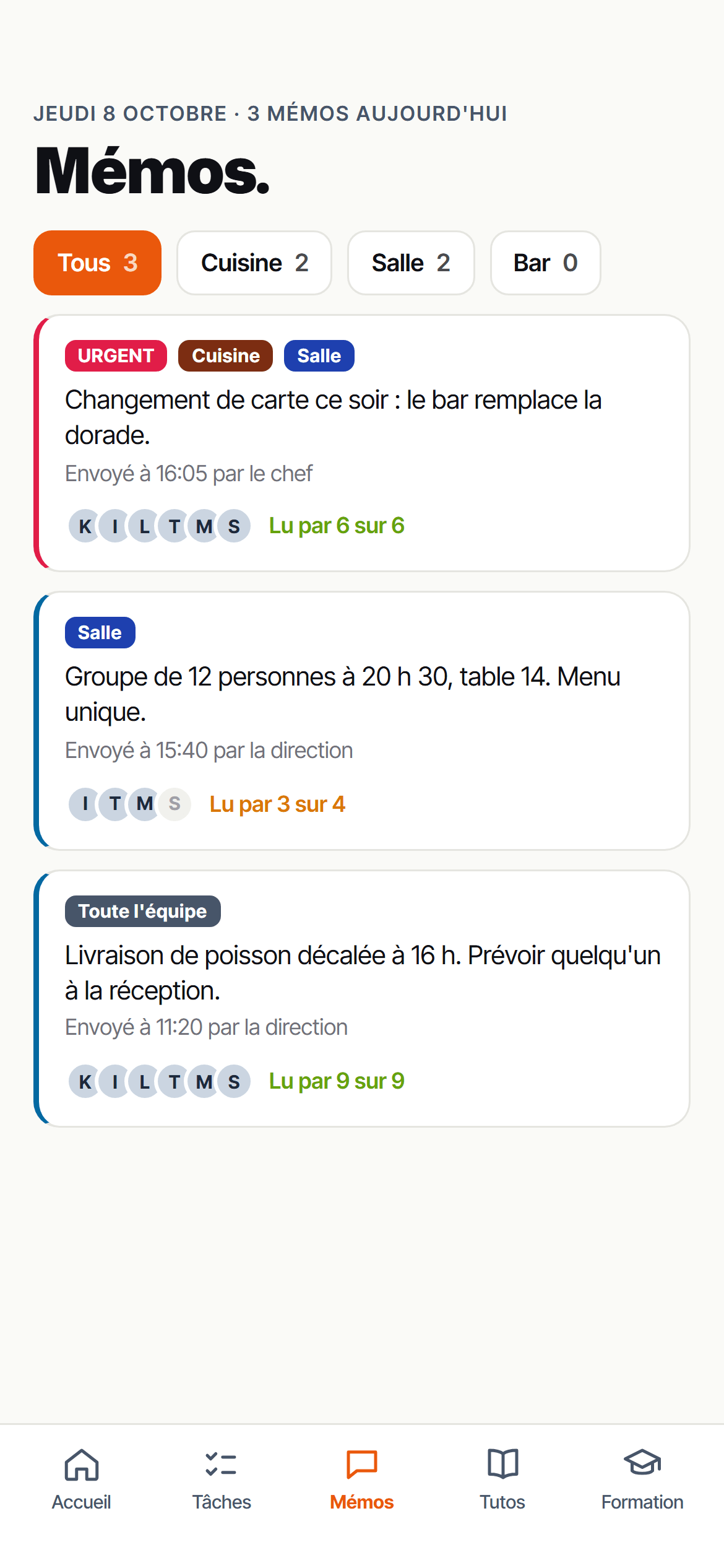 Tâches du jour sur tablette, filtrées par zone, et mémos avec accusés de lecture sur téléphone