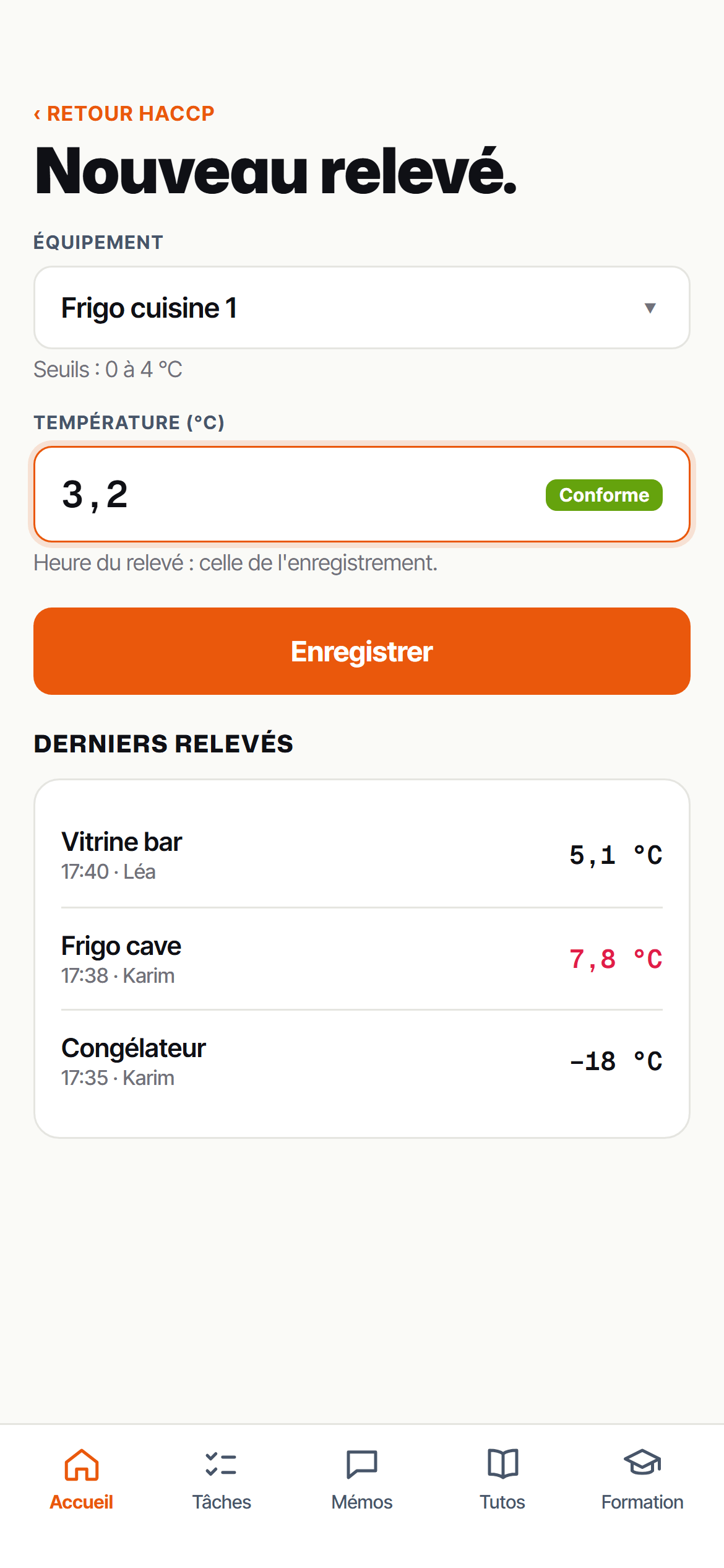 Suivi HACCP des températures sur tablette et saisie d'un nouveau relevé sur téléphone