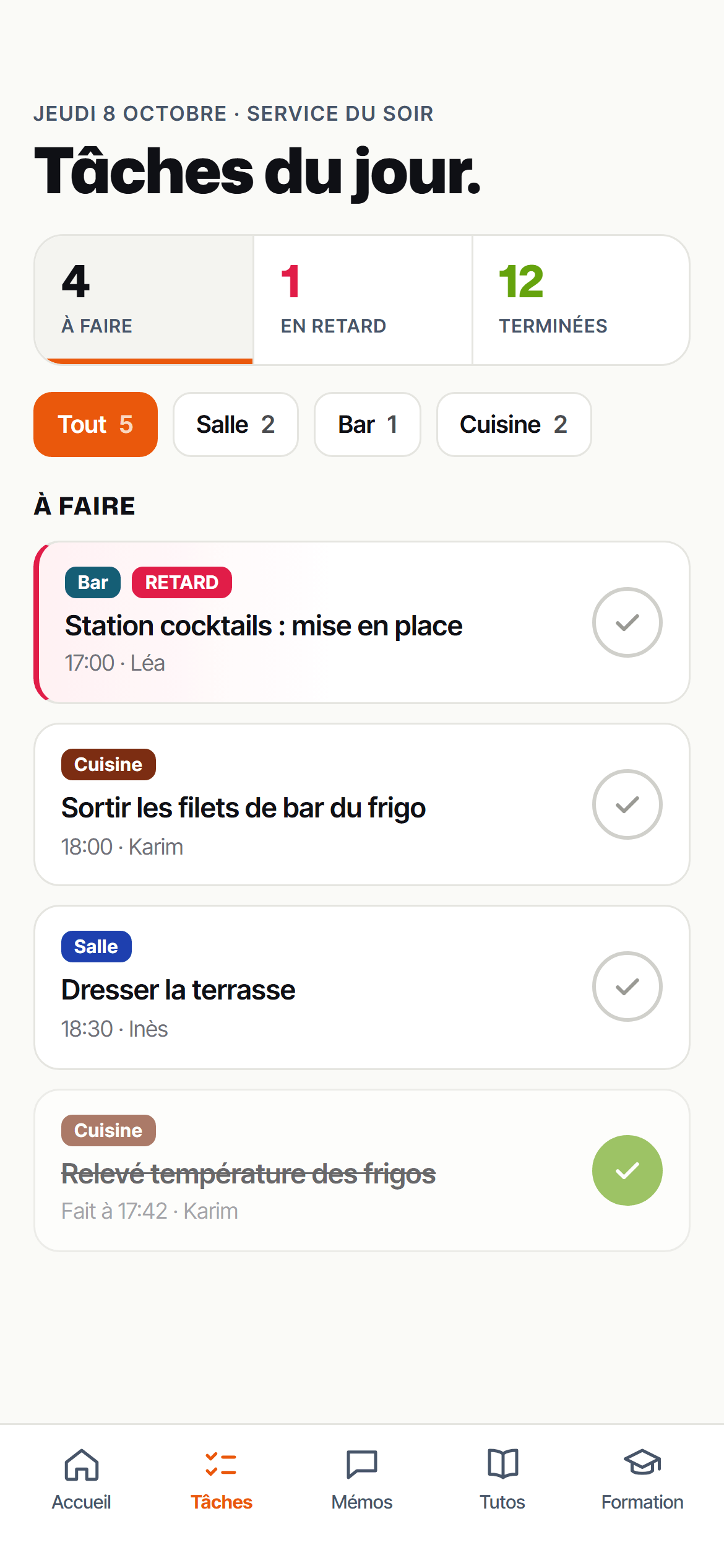 ProShift sur téléphone, liste des tâches du jour
